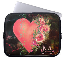 Roze Hart bloemenhoes met monogram laptop Laptop Sleeve