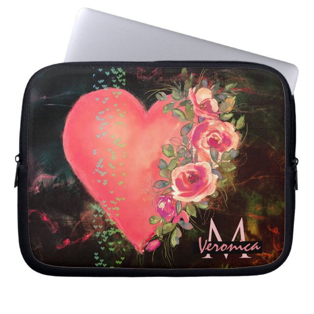 Roze Hart bloemenhoes met monogram laptop Laptop Sleeve (Voorkant)
