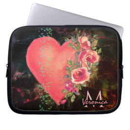 Roze Hart bloemenhoes met monogram laptop Sleeve