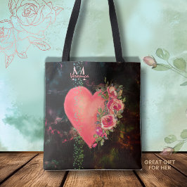 Roze Hart bloemmonogram Tote Bag