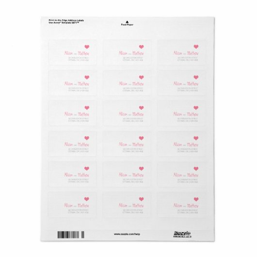 Roze Hart Bruiloft Adres Label (Full Sheet)