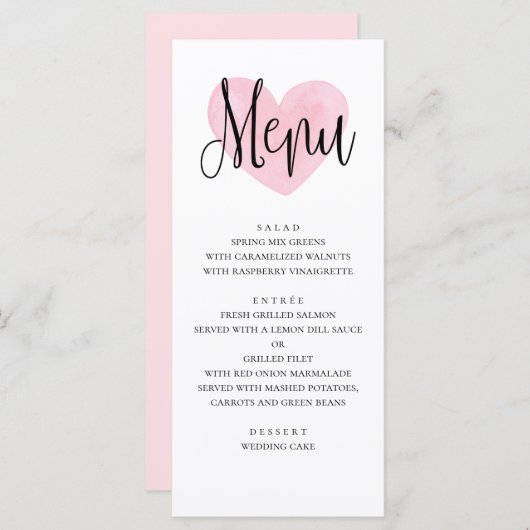 Roze hart bruiloft menu. Romantisch modern diner Menu (Voorkant / Achterkant)