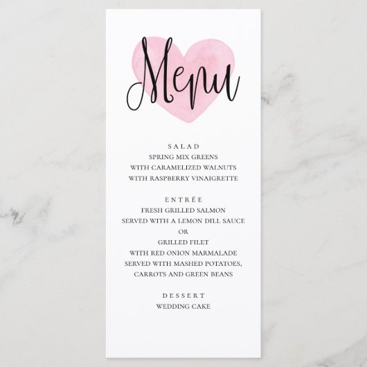 Roze hart bruiloft menu. Romantisch modern diner Menu (Voorkant)