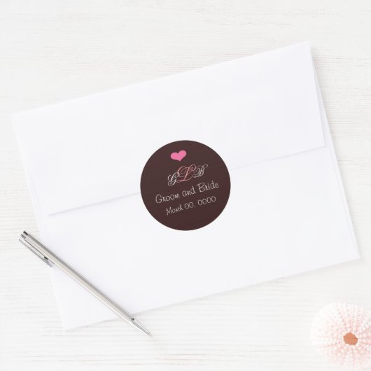 Roze Hart Bruiloft Monogram Sticker (Envelop)