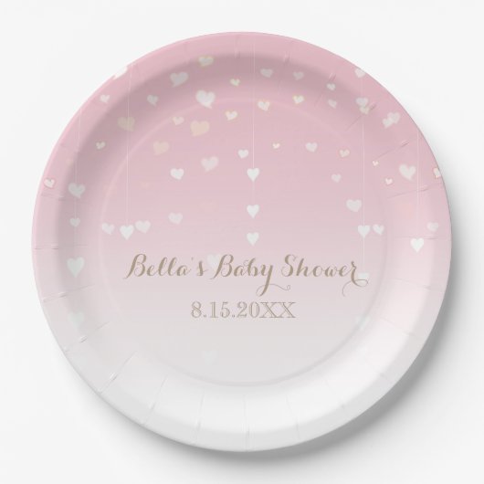Roze Hart Confetti Baby shower Papieren Bordje (Voorkant)
