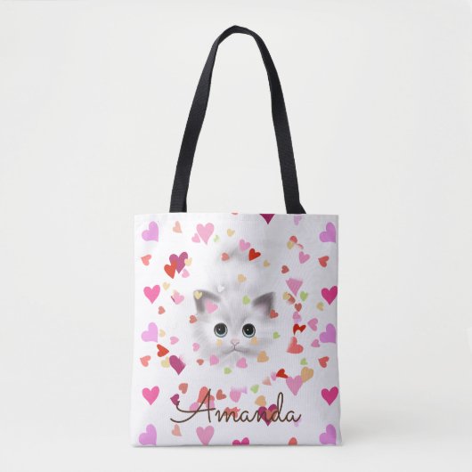 Roze Hart Confetti Wit Kitten Canvas tas (Voorkant)