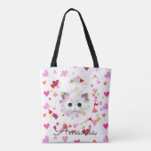 Roze Hart Confetti Wit Kitten Canvas tas (Achterkant)
