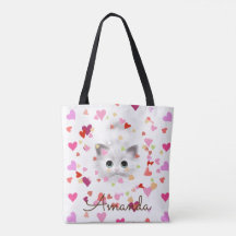 Roze Hart Confetti Wit Kitten Canvas tas