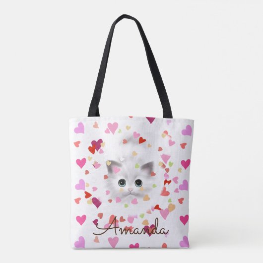 Roze Hart Confetti Wit Kitten Canvas tas (Achterkant)
