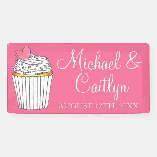 Roze Hart Cupcake Bruids Baby shower Bruiloft Spandoek (Horizontaal)