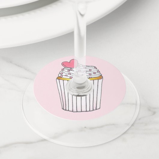 Roze Hart Cupcake Bruids Baby Shower Feest Wijnglaslabel (Dichtbij)