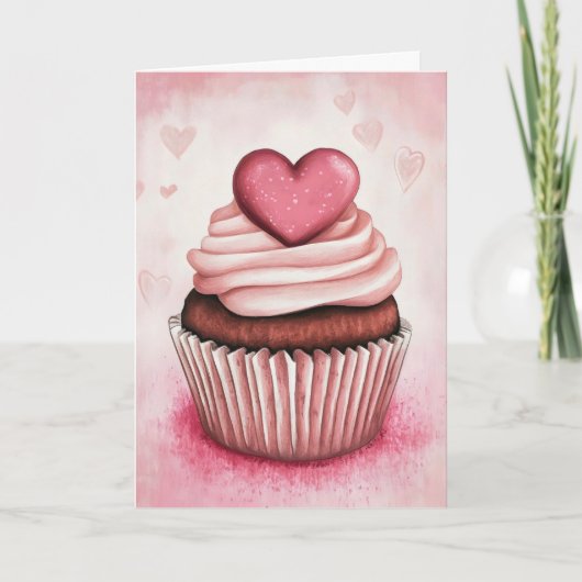 Roze Hart Cupcake Feestdagen Kaart (Voorkant)