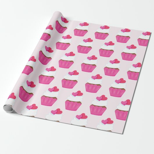 Roze Hart Cupcake Valentijnsdag Cadeau Cadeaupapier (Uitgerold)