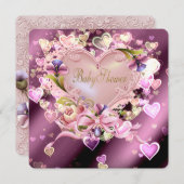 Roze Hart Damask Baby Meisje Douche Kaart (Voorkant / Achterkant)