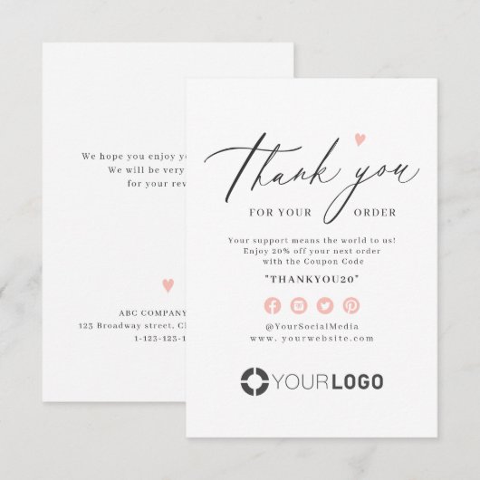 Roze hart eenvoudige script business logo bedankkaart (Voorkant / Achterkant)