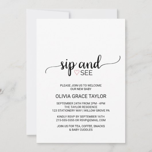 Roze hart | Eenvoudige zwarte kalligrafie Sip en Z Kaart (Voorkant)