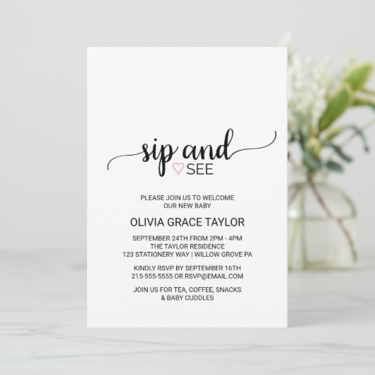 Roze hart | Eenvoudige zwarte kalligrafie Sip en Z Kaart (Staand voorkant)