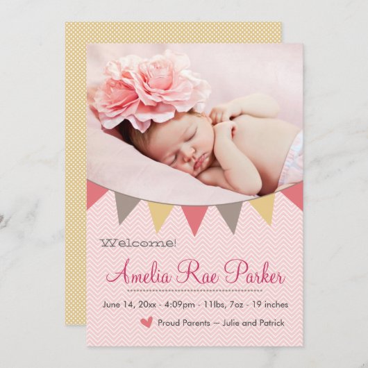 Roze hart en banner - Aankondiging geboorte nieuwe (Voorkant / Achterkant)