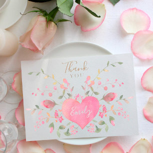 Roze Hart en Bloemen Bruidsdouche Bedankkaart