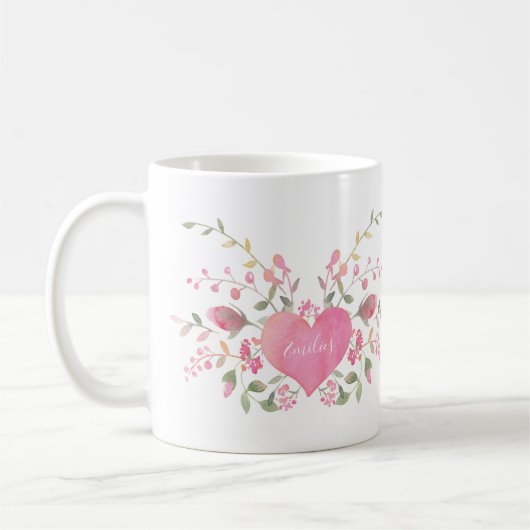 Roze hart en bloemen koffiemok (Links)