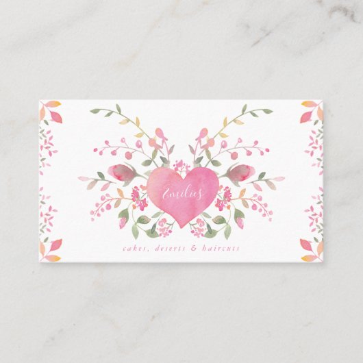Roze hart en bloemen visitekaartje (Voorkant)