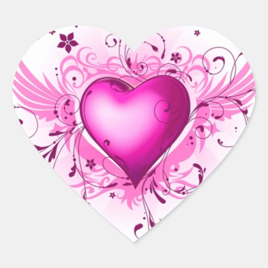 Roze Hart en Delicate Swirls en Bloemen Hart Sticker (Voorkant)