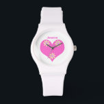 Roze Hart en Gele Bloemen Horloge<br><div class="desc">wit en helderroze hart met 3 gele en paarse bloemen met aanpasbare voorbeeldnaam voor u om te personaliseren</div>