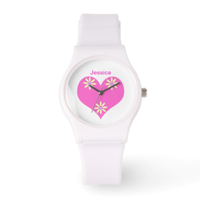Roze Hart en Gele Bloemen Horloge (Voorkant)