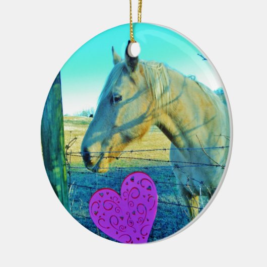 Roze hart en gele paarden keramisch ornament (Links)