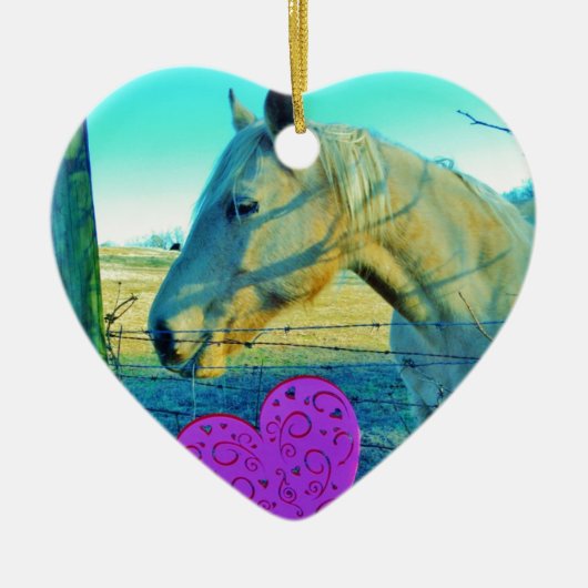 Roze hart en gele paarden keramisch ornament (Voorkant)