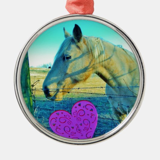 Roze hart en gele paarden metalen ornament (Voorkant)