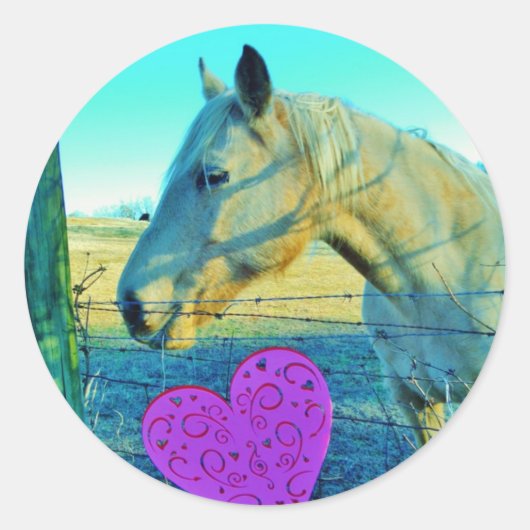 Roze hart en gele paarden ronde sticker (Voorkant)