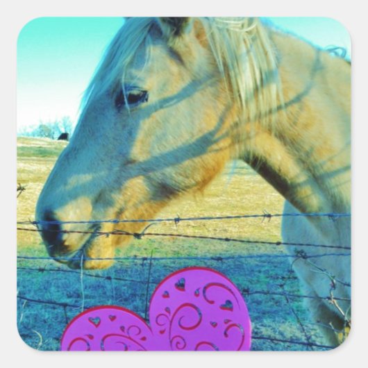 Roze hart en gele paarden vierkante sticker (Voorkant)