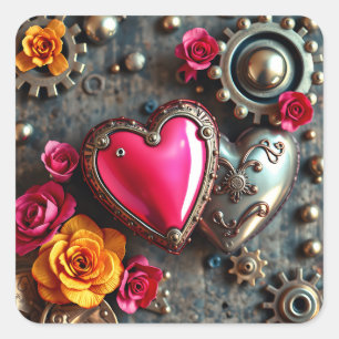 Roze Hart en Metal Tanden Stijl StoomPunk Vierkante Sticker
