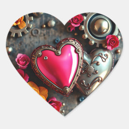 Roze hart en metalen tandwielen Steampunk Hart Sticker
