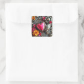 Roze hart en metalen tandwielen Steampunk Vierkante Sticker (Tas)