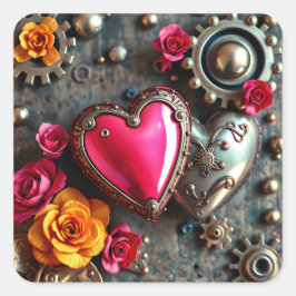 Roze hart en metalen tandwielen Steampunk Vierkante Sticker