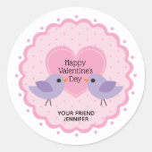 Roze hart en valentijnsdag vogels ronde sticker (Voorkant)
