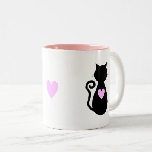Roze hart en zwarte kat tweekleurige koffiemok (Voorkant rechts)