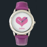 Roze Hart Gepersonaliseerde Kinder Naam Horloge<br><div class="desc">Grafisch ontwerp van een roze hart op een witte achtergrond. U kunt het horloge personaliseren met uw eigen naam of u kunt de naam verwijderen als u wilt.</div>