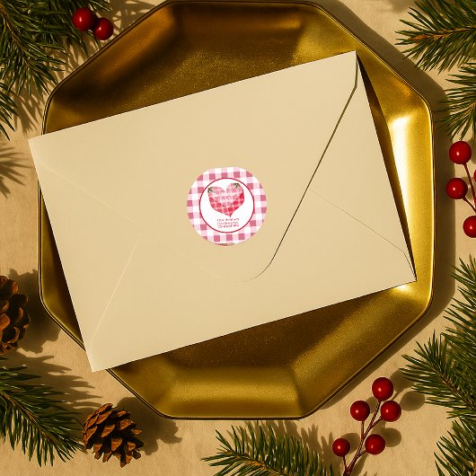 Roze hart gingham geruit aangepast retouradres ronde sticker