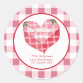 Roze hart gingham geruit aangepast retouradres ronde sticker (Voorkant)