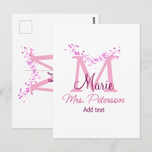 Roze hart glitter monogram leraar Mrs Modern gi Briefkaart (Voorkant / Achterkant)