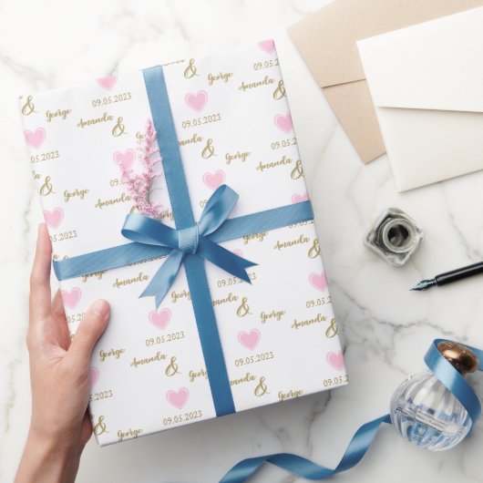 Roze Hart Gouden Bruid & Bruidegom Namen, Witte Hu Cadeaupapier (Geschenken)