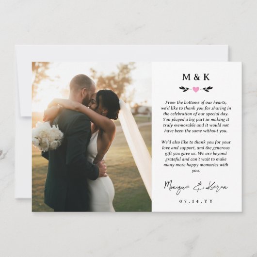 Roze Hart Groen Gedrukt Bericht Bruiloft Bedankkaart (Voorkant)