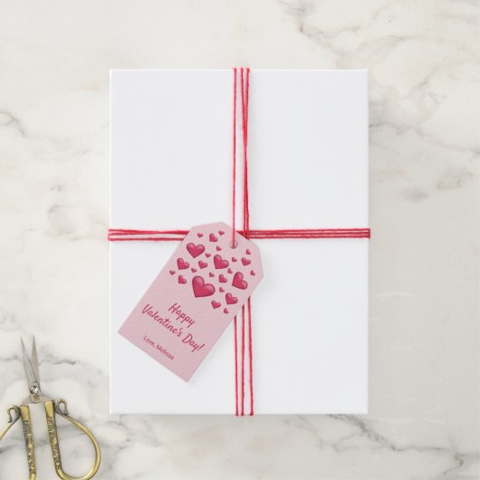 Roze hart Happy Valentijnsdag en aangepaste tekst Cadeaulabel (Met Touw)