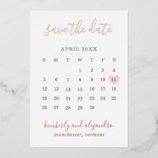 Roze Hart Kalender Modern Bruiloft Save The Date Folie Uitnodiging (Voorkant)