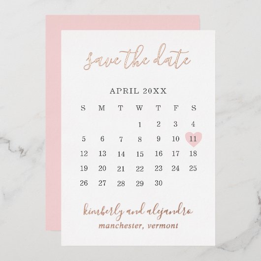 Roze Hart Kalender Modern Bruiloft Save The Date Folie Uitnodiging (Voorkant / Achterkant)