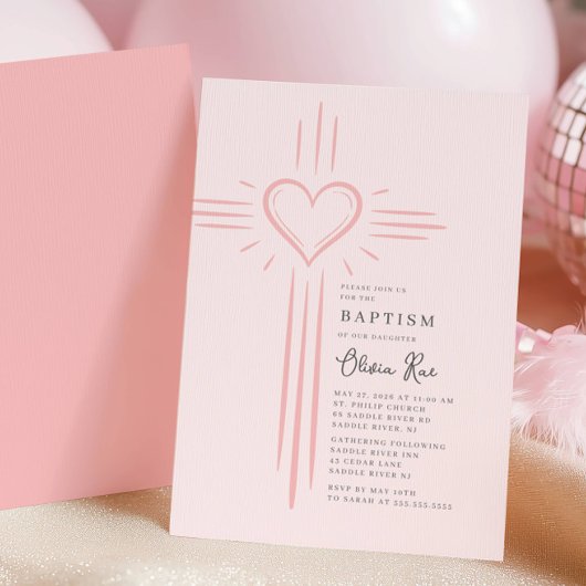 Roze Hart Kruis Doop Uitnodiging