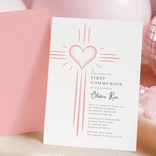 Roze Hart Kruis Eerste Communie Uitnodiging